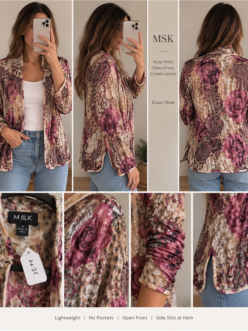 MSK Rose-Print Open Front Crinkle Blazer in Pink and Cream